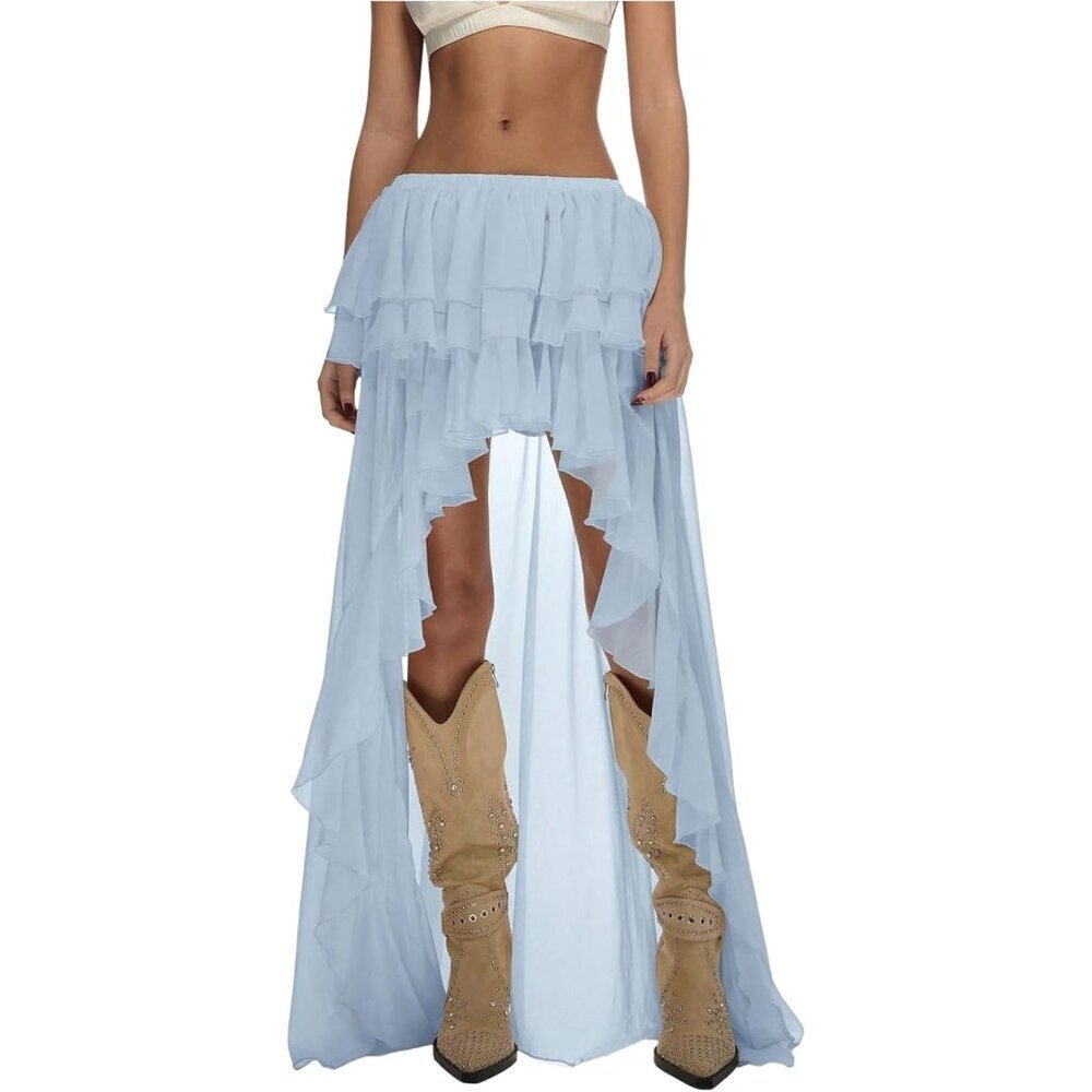 Women's Light Blue Boho Layered Ruffle Chiffon Maxi Western Asymmetrical Skirts